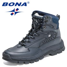 BONA 2022 New Designers High-Top Hiking Boots Men Action Leather Outdoor Wear-Resistant Non-Slip Snow Shoes Man Ankle Boots Soft (Color: Deep blue S gray, size: 8)