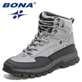 BONA 2022 New Designers High-Top Hiking Boots Men Action Leather Outdoor Wear-Resistant Non-Slip Snow Shoes Man Ankle Boots Soft (Color: Light gray dark grey, size: 8.5)