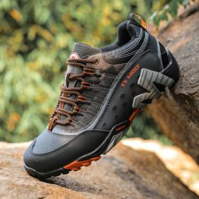 Outdoor Lover Trekking Shoes Men Waterproof Hiking Shoes Mountain Boots Genuine Leather Woodland Hunting Tactical Shoes (Color: Dark grey orange, size: 45)