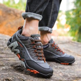 Outdoor Lover Trekking Shoes Men Waterproof Hiking Shoes Mountain Boots Genuine Leather Woodland Hunting Tactical Shoes (Color: Dark grey orange, size: 40)