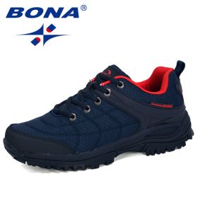 BONA 2022 New Designers Popular Hiking Shoes Man Nubuck Leather Mesh Outdoor Men Sneakers Climbing Shoes Men Sport Shoes Trendy (Color: Deep blue red, size: 9.5)