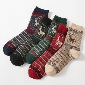 5Pairs Lot Winter Thickened Warm Woolen Socks Women's Striped Retro Wool New Year Christmas Gift Grils Socks TJ3140 (Color: 03, size: One Size)