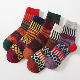 5Pairs Lot Winter Thickened Warm Woolen Socks Women's Striped Retro Wool New Year Christmas Gift Grils Socks TJ3140 (Color: 02, size: One Size)