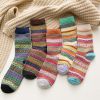 5Pairs Lot Winter Thickened Warm Woolen Socks Women's Striped Retro Wool New Year Christmas Gift Grils Socks TJ3140