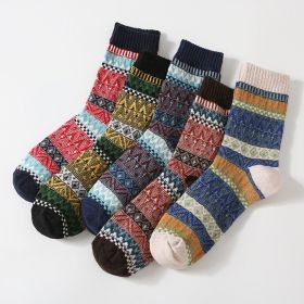 5Pairs Lot Winter Thickened Warm Woolen Socks Women's Striped Retro Wool New Year Christmas Gift Grils Socks TJ3140 (Color: Men1, size: One Size)