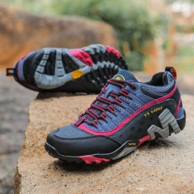 Outdoor Lover Trekking Shoes Men Waterproof Hiking Shoes Mountain Boots Genuine Leather Woodland Hunting Tactical Shoes (Color: Dark blue rose red, size: 42)