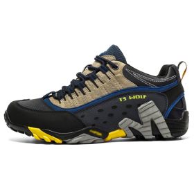 Outdoor Lover Trekking Shoes Men Waterproof Hiking Shoes Mountain Boots Genuine Leather Woodland Hunting Tactical Shoes (Color: Dark blue yellow, size: 40)