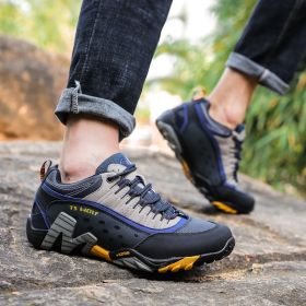 Outdoor Lover Trekking Shoes Men Waterproof Hiking Shoes Mountain Boots Genuine Leather Woodland Hunting Tactical Shoes (Color: Dark blue yellow, size: 43)