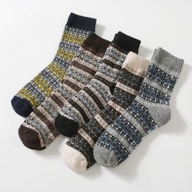 5Pairs Lot Winter Thickened Warm Woolen Socks Women's Striped Retro Wool New Year Christmas Gift Grils Socks TJ3140 (Color: Men3, size: One Size)