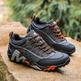 Outdoor Lover Trekking Shoes Men Waterproof Hiking Shoes Mountain Boots Genuine Leather Woodland Hunting Tactical Shoes (Color: Dark grey orange, size: 43)